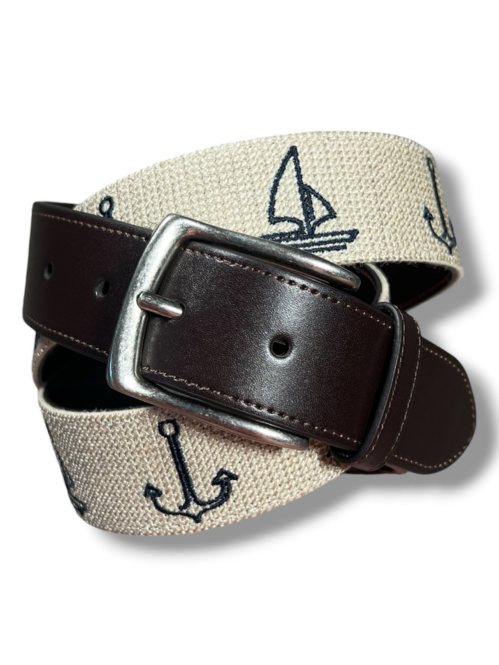 New Original Penguin Men's Belt Nautical Needlepoint Brown Leather Size 34 Golf